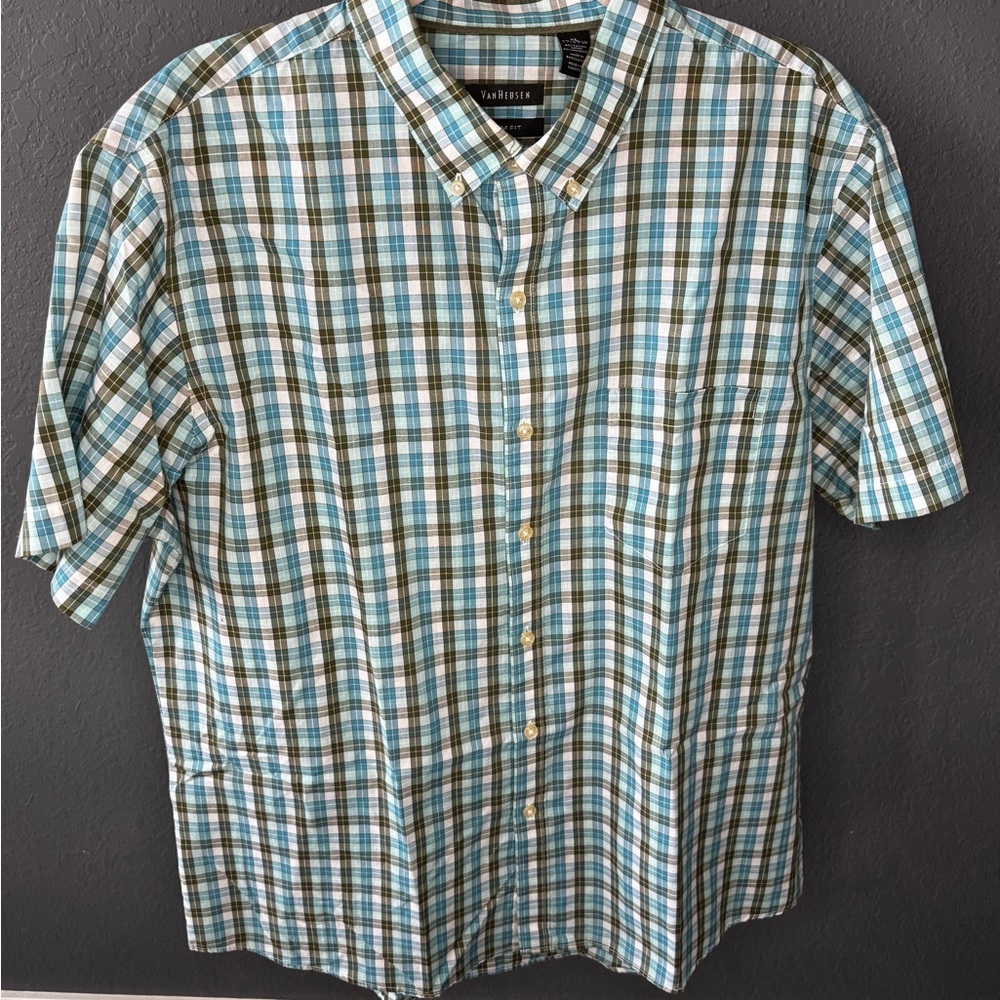 Van Heusen Green and Blue Plaid Button Down Shirt